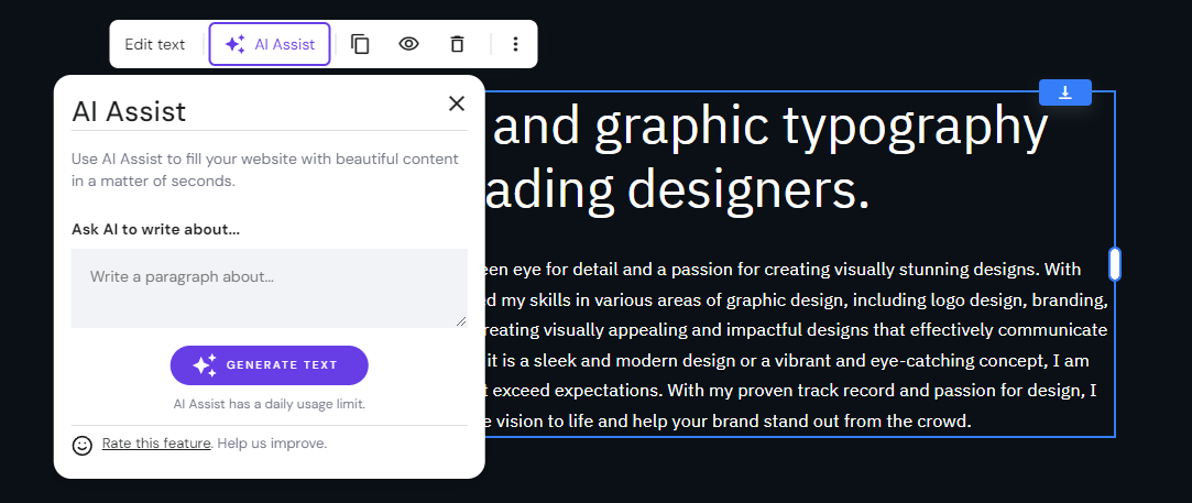 The AI Writer feature in Hostinger Website Builder.