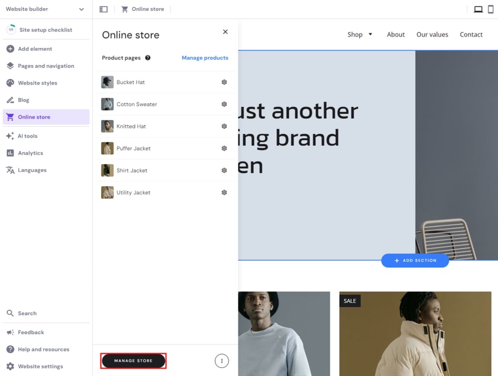 The manage store menu in Hostinger Website Builder.