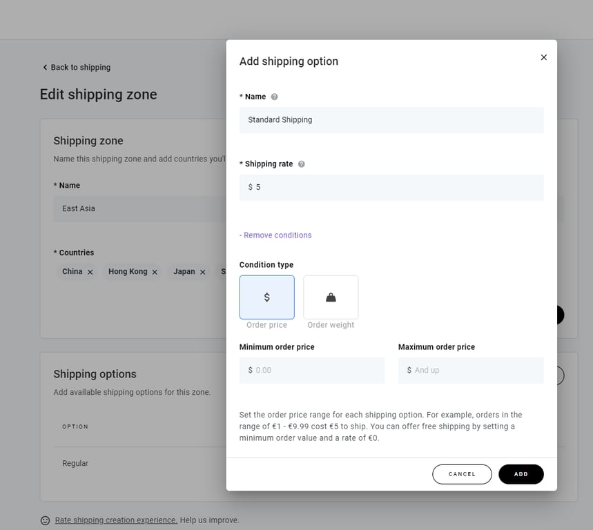 The shipping options in Hostinger Website Builder.