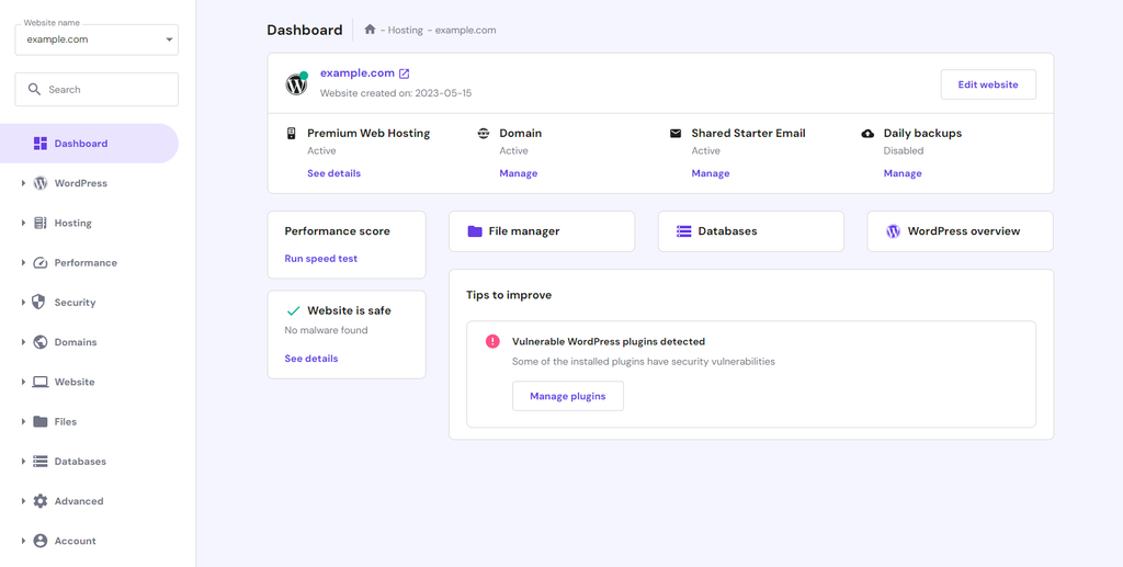 hPanel's dashboard.