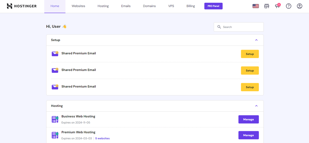 The home page of hPanel.