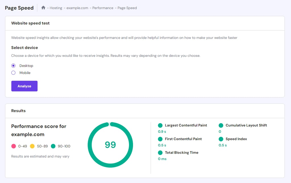 The page speed test interface on hPanel.