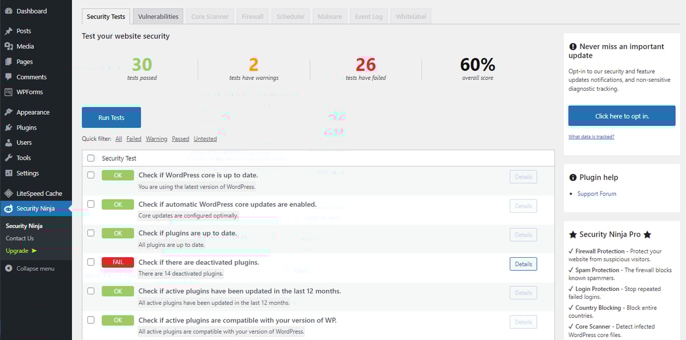 Security Ninja dashboard
