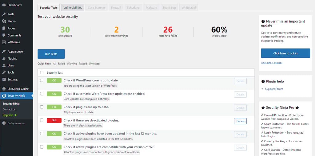 Security Ninja dashboard