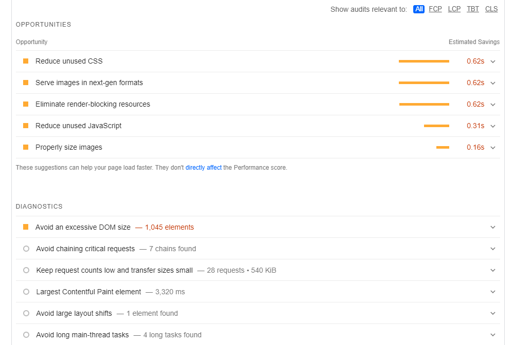 The performance improvement suggestions section on PageSpeed Insights