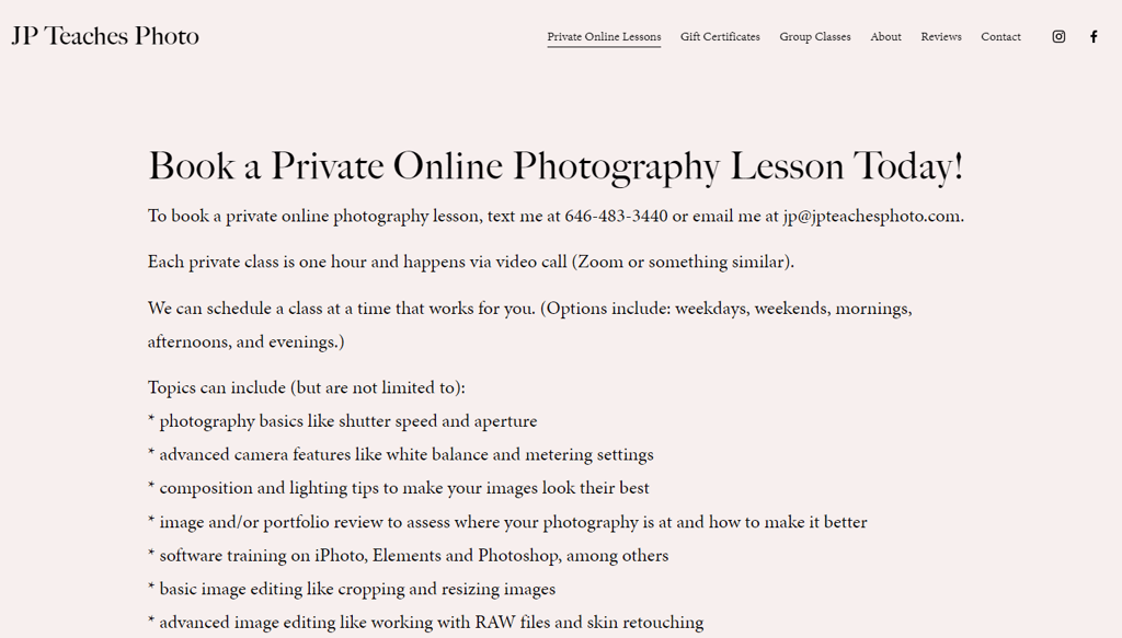 The Private Online Lessons page on JP Teaches Photo's website