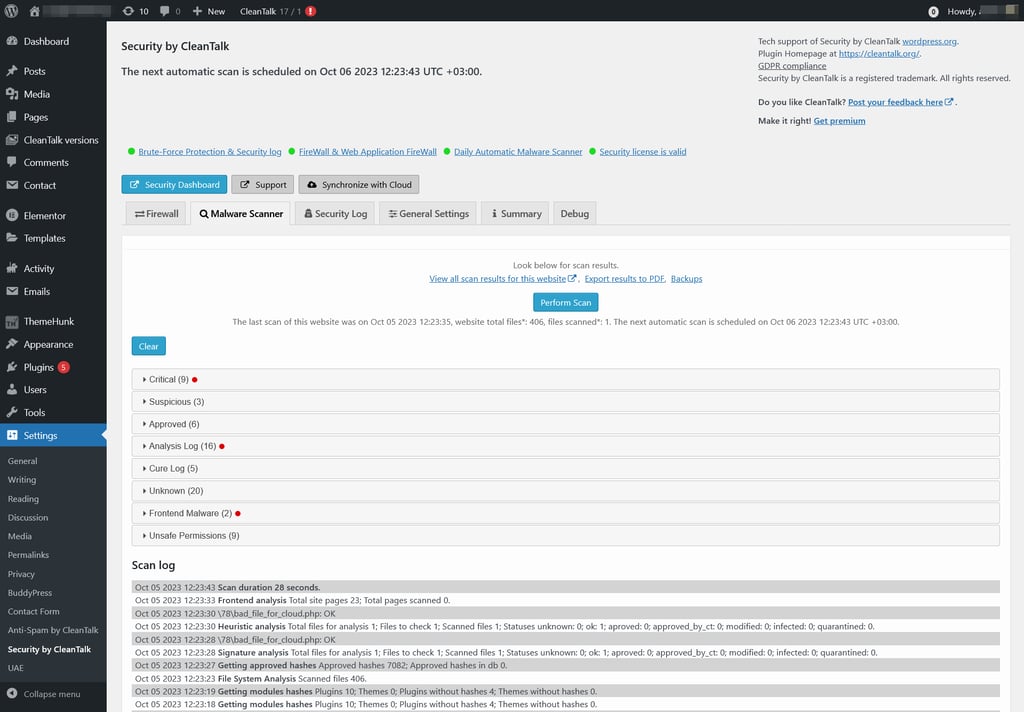 Security & Malware Scan by CleanTalk interface