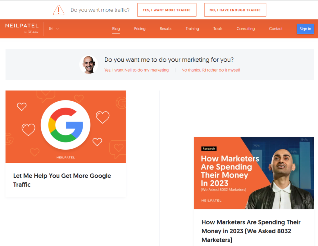The blog section on Neil Patel's website