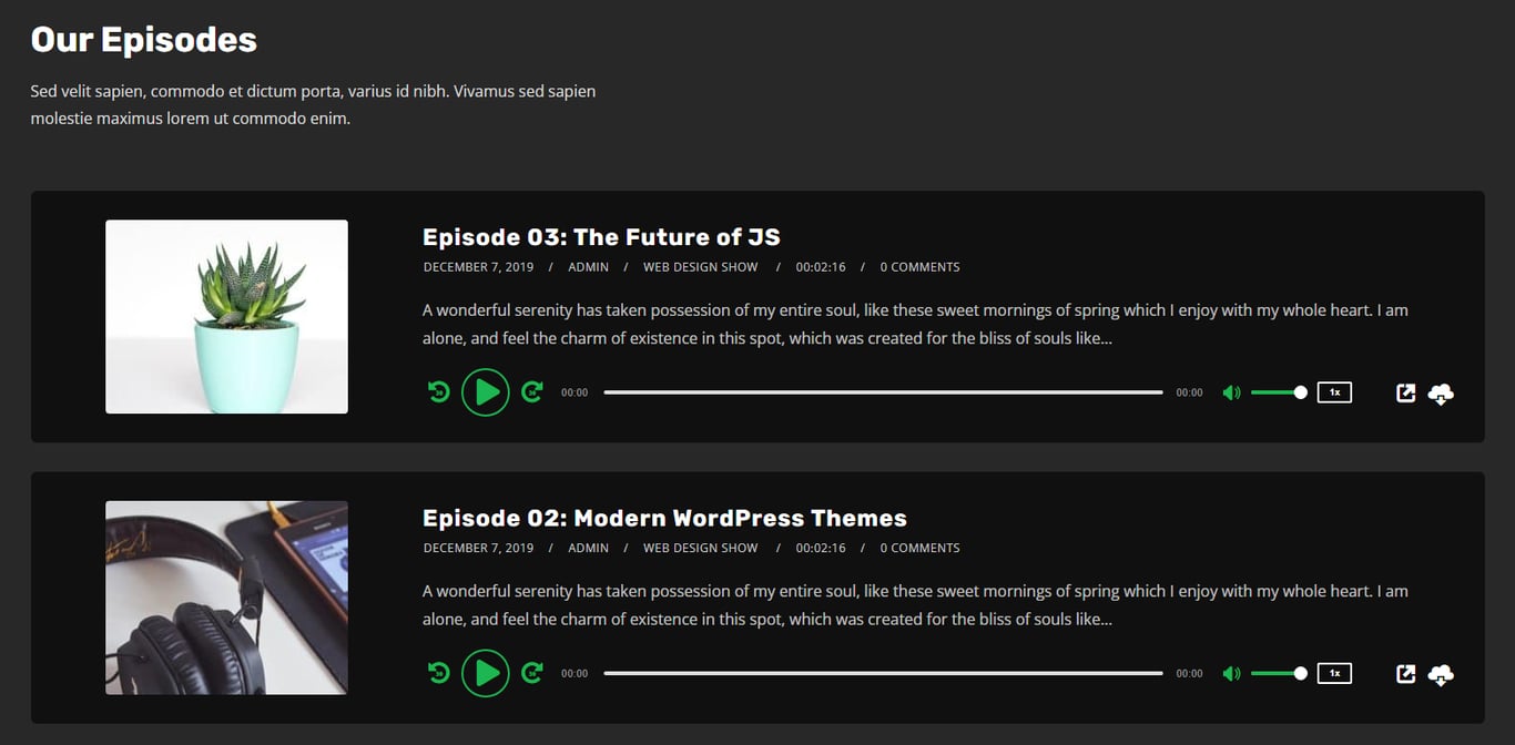 The Our Episodes section of the Tusant theme's demo site showing the podcast players