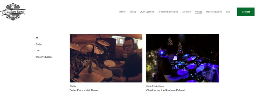 The Videos page on the Christian Dorn Music website