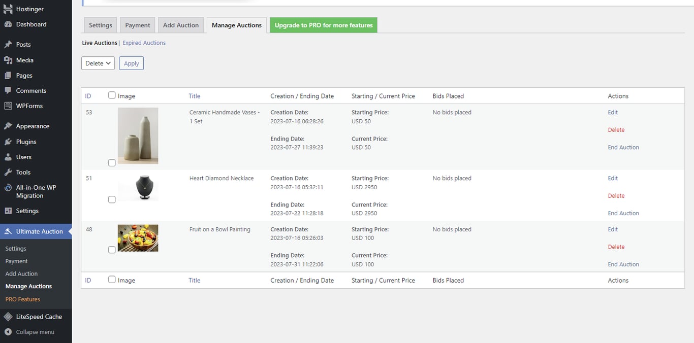 Managing ongoing and past auctions using a WordPress plugin