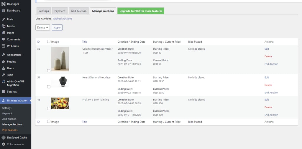 Managing ongoing and past auctions using a WordPress plugin