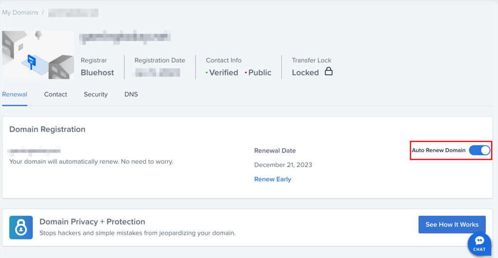 Auto Renew Domain toggle button
