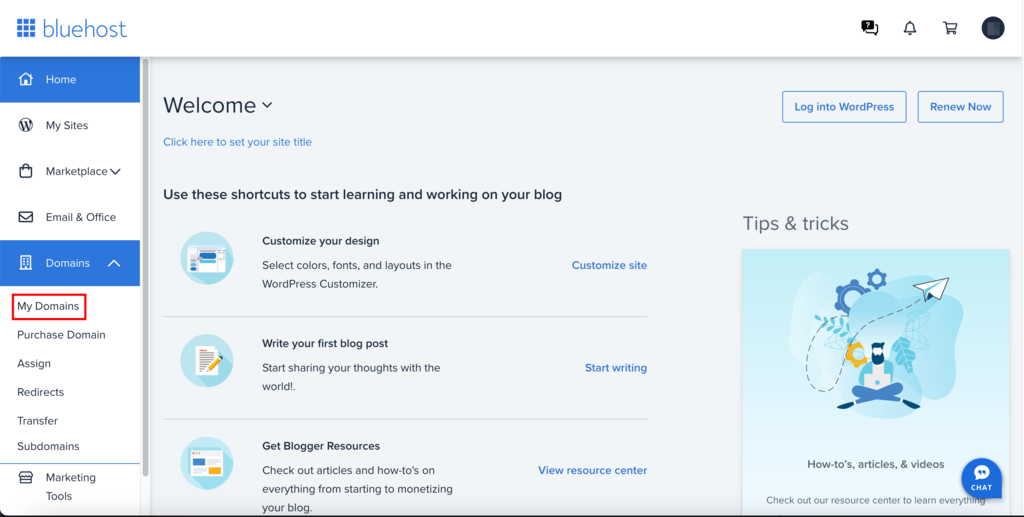 The My Domains option that takes you to the Bluehost domain manager