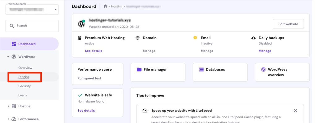 Creating a staging site in Hostinger.