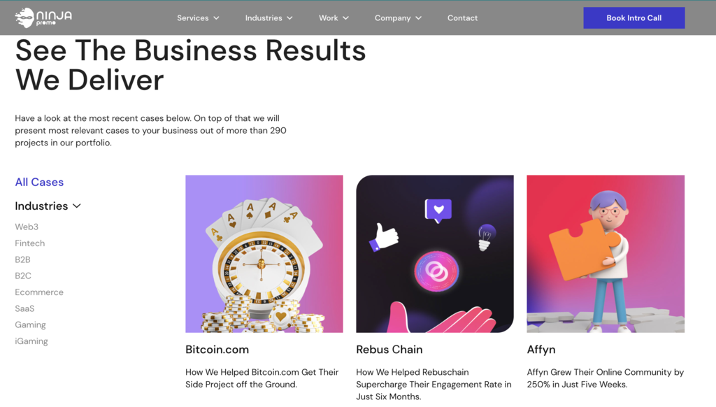 England-based digital agency Ninja Promo showcasing previous client projects as case studies on its website.