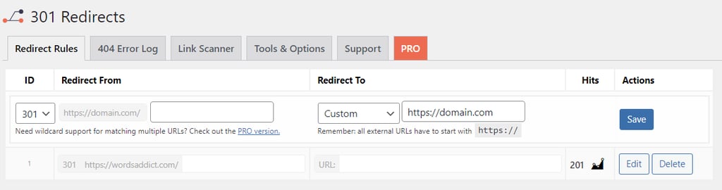 301 Redirects plugin screen with Redirect From/To fields and 301 option