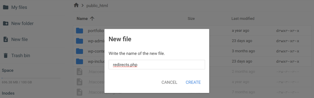 The New File tab in Hostinger's File Manager