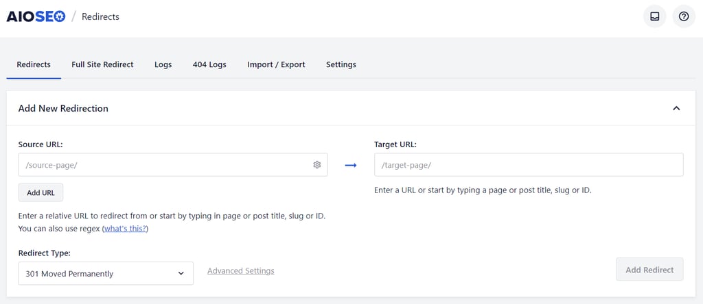 AIOSEO Redirects screen showing fields for source URL, target URL, and type