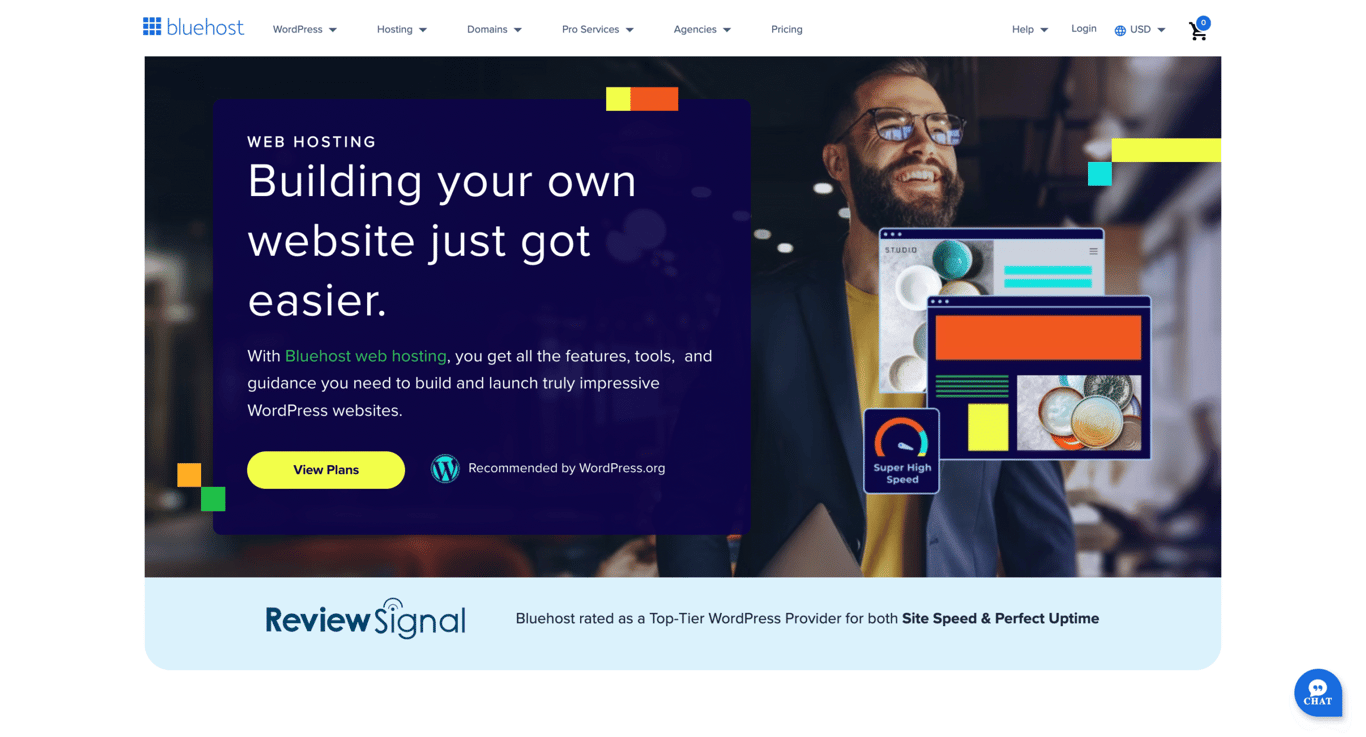 Bluehost web hosting landing page