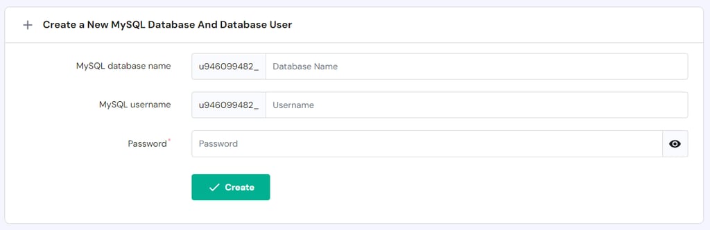 The create a new database page on hPanel.