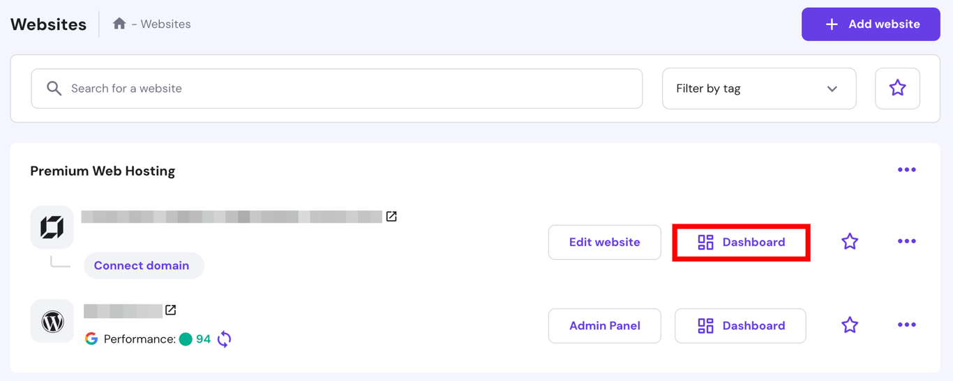 Hostinger hPanel list of websites and domains with links to dashboard, admin panel and site editing