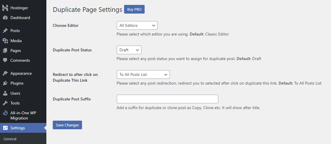 The Duplicate Page plugin settings in WordPress