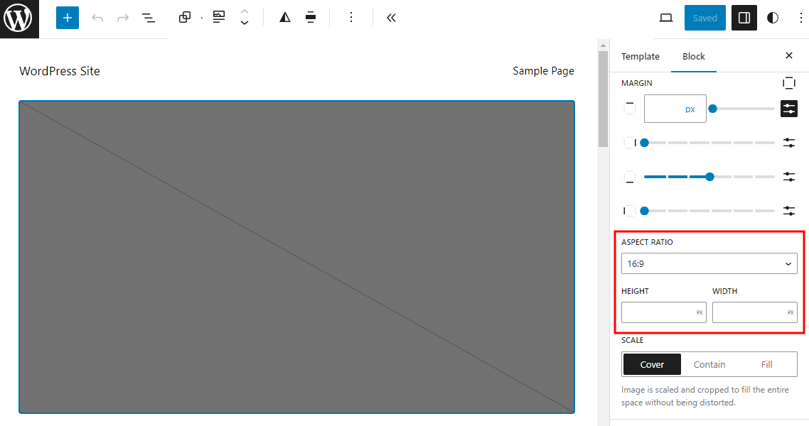The site editor interface when editing a post template, showing the block settings panel for the featured image block with the Aspect Ratio section highlighted