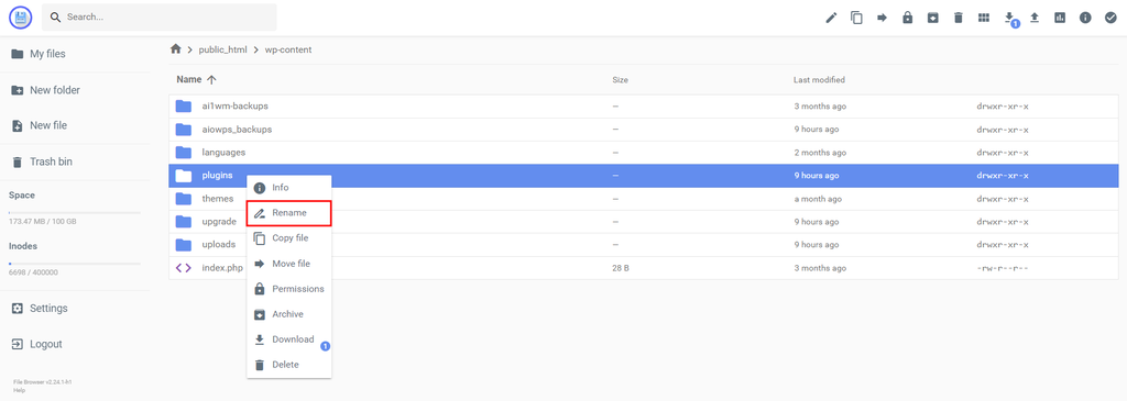 The interface of Hostinger's File Manager, showing the content of the wp-content folder. The Plugin folder and the command "Rename" is highlighted.