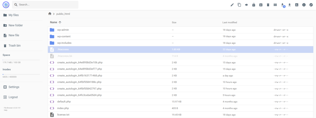 The .htaccess file is highlighted in the root directory.