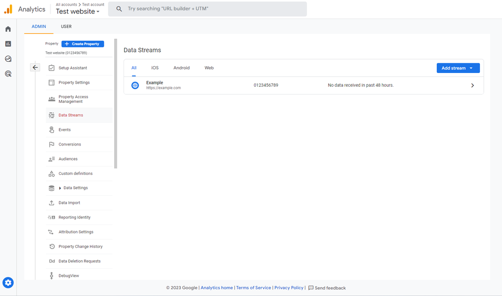 The Data Streams page on Google Analytics 4's Admin menu