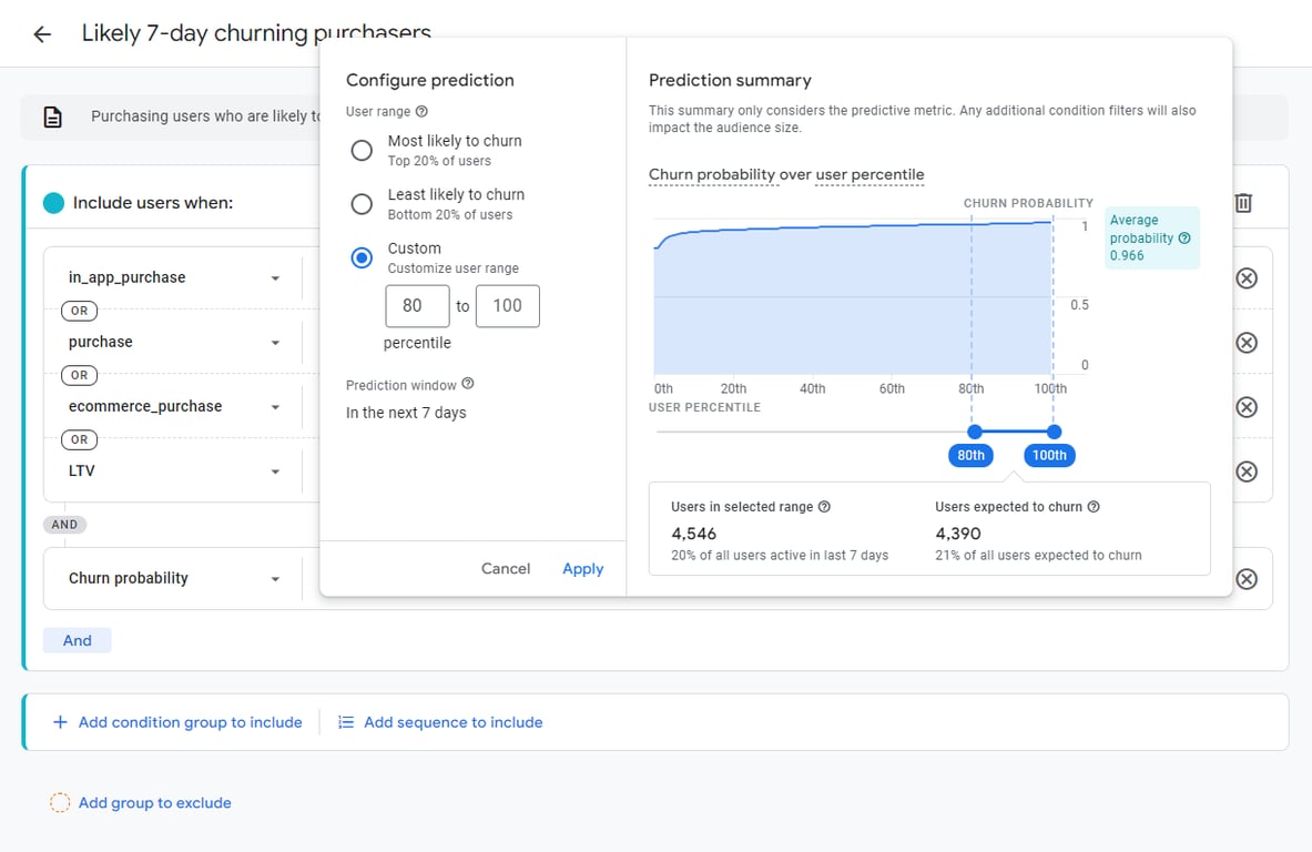 Creating a predictive audience of likely 7-day churning purchasers on Google Analytics 4