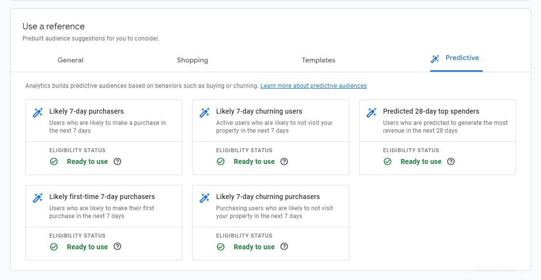 Predictive audiences feature on Google Analytics 4, which users can use when creating a custom audience or segment
