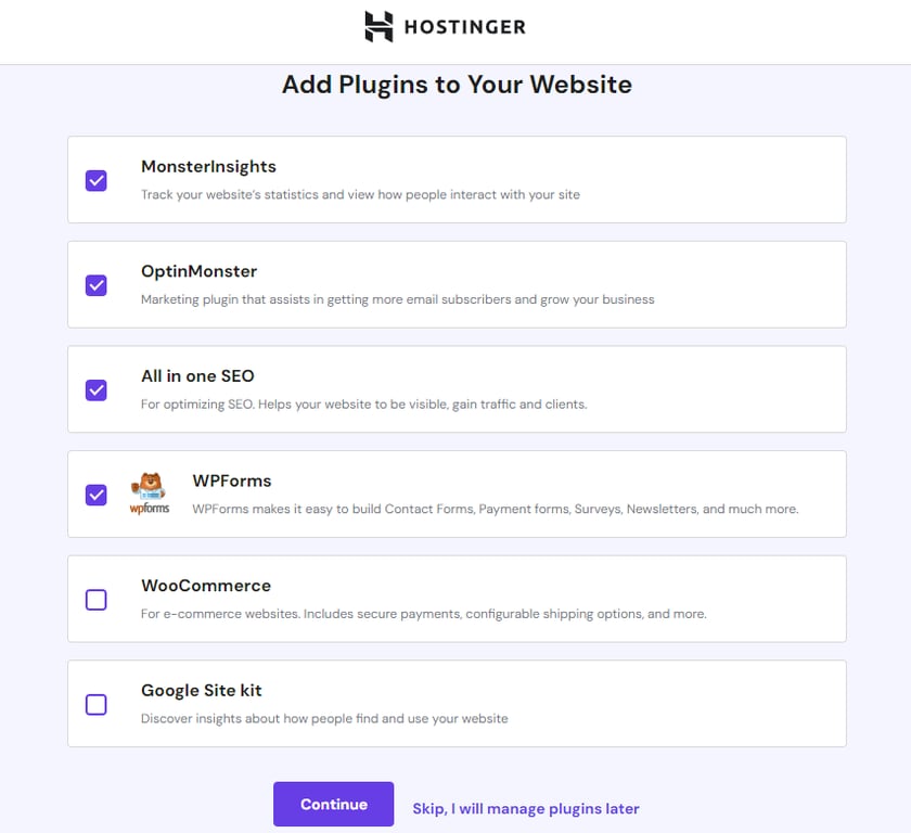 Plugin selection panel on hPanel