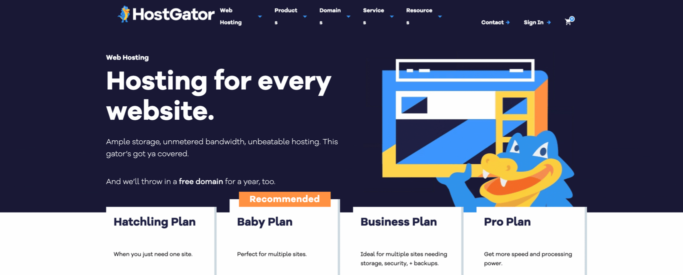 HostGator web hosting landing page