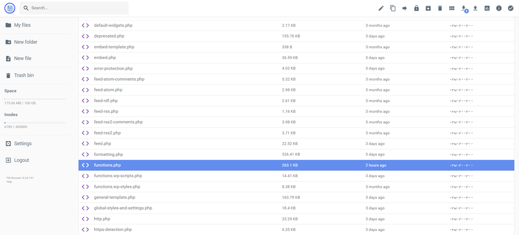 Locating functions.php file in wp-includes using Hostinger's File Manager.