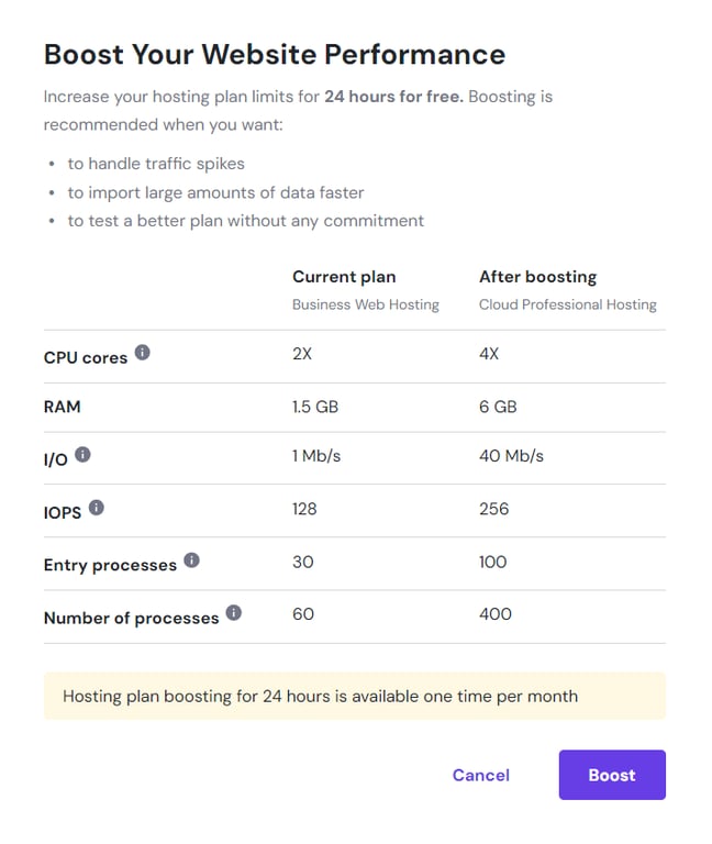 Activating Hostinger's 24-hour resource booster feature