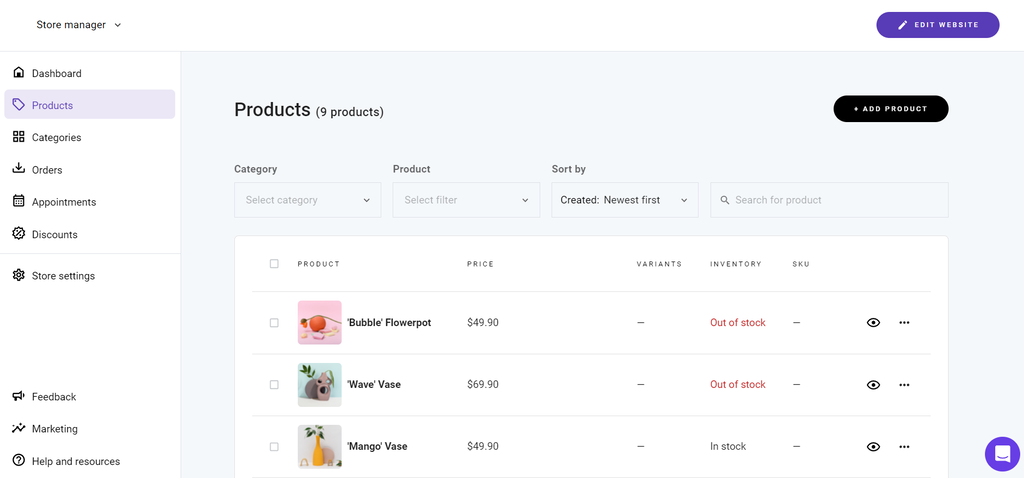 The Products menu on Hostinger Website Builder's Store manager