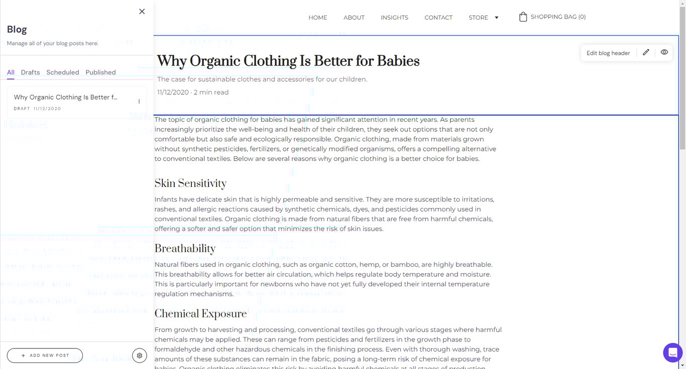 Hostinger Website Builder's blogging interface