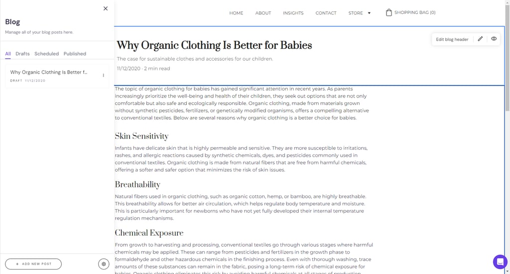 Hostinger Website Builder's blogging interface