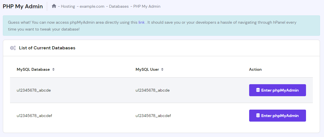 The list of databases on hPanel. 