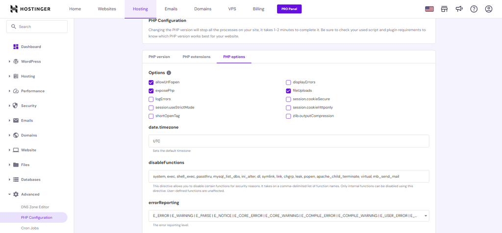 PHP Configuration section in hPanel.
