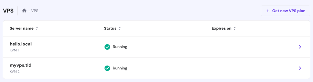 The list of user VPS in hPanel's VPS menu