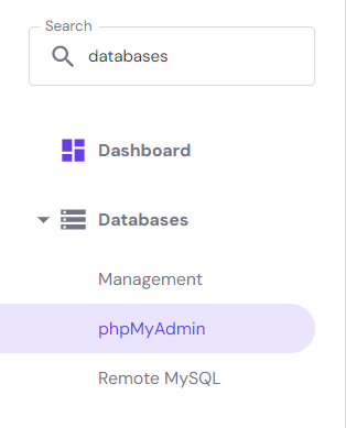 The phpMyAdmin menu on hPanel.
