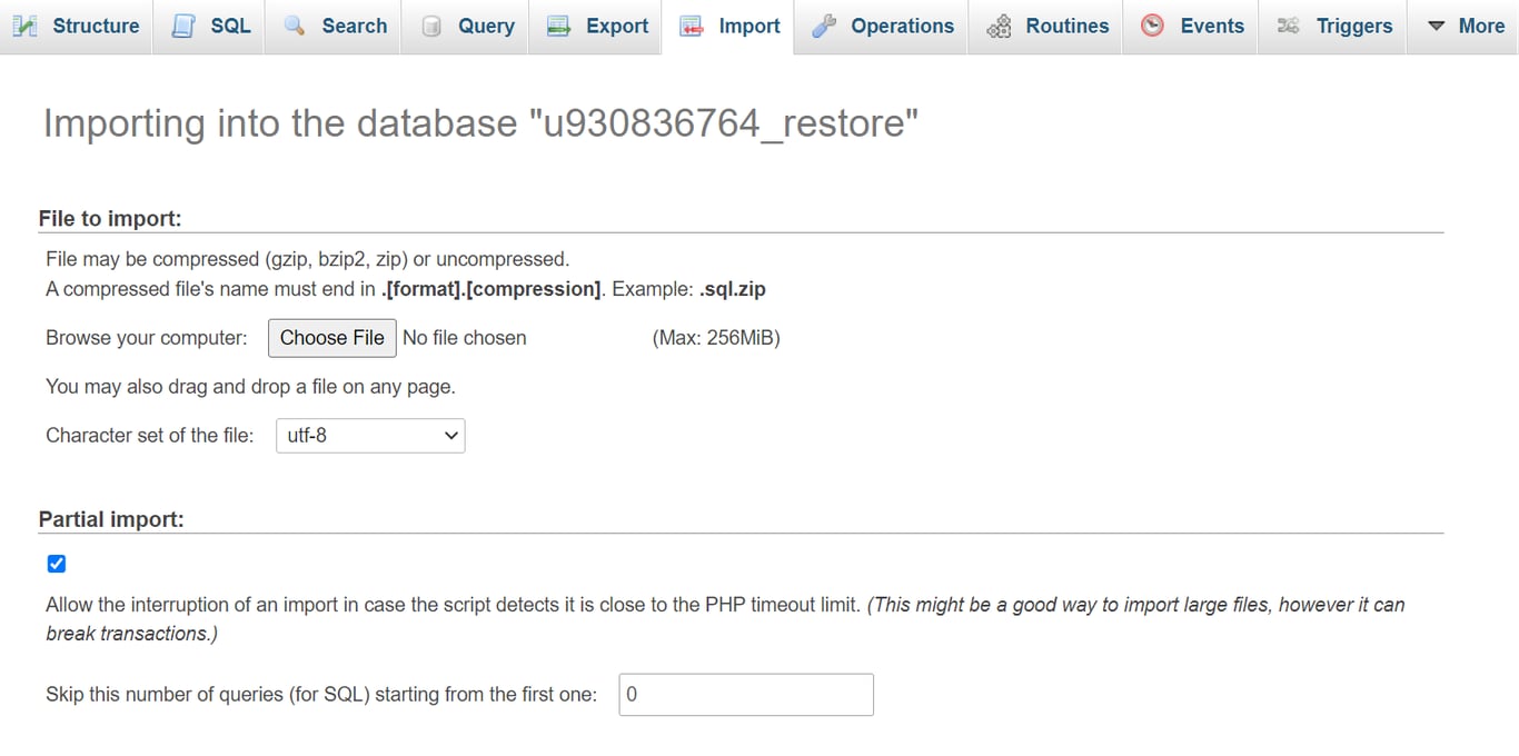 The importing database page on phpMyAdmin.