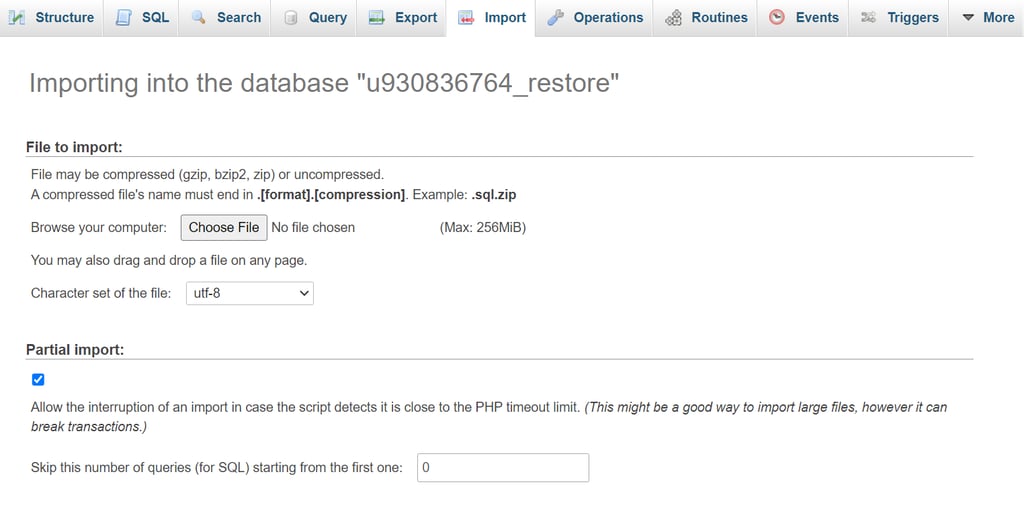 The importing database page on phpMyAdmin.