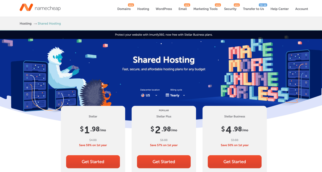 Namecheap web hosting landing page