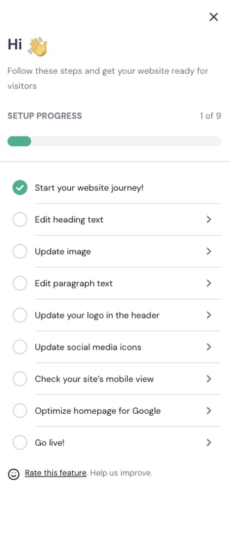 Onboarding check list in Hostinger Website Builder