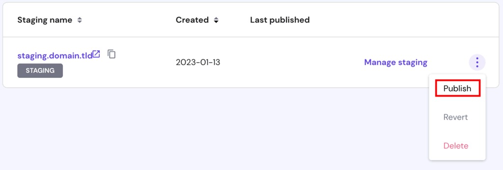The publish button highlighted  on the staging area list on Hostinger's hPanel.