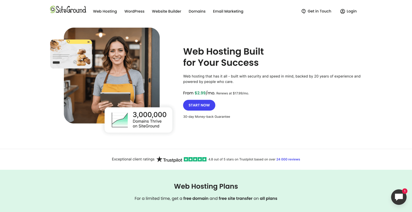 SiteGround web hosting landing page